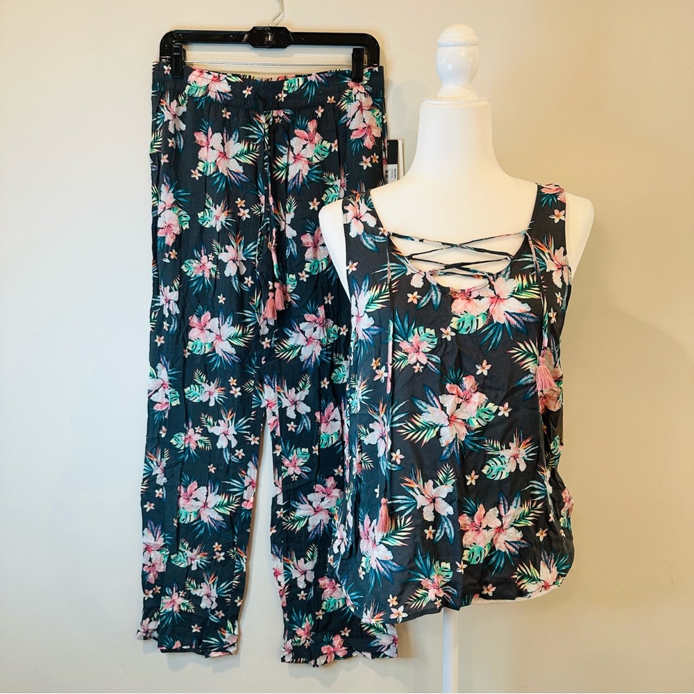 PJ Salvage Pajamas Top (M) Bottoms (S) Womens Gray Tropical Floral Sleeveless